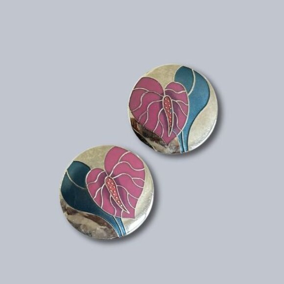 Laurel Burch Anthurium Earrings Enamel Disc Round Stud Flower Pink/Blue One Size - Picture 2 of 3